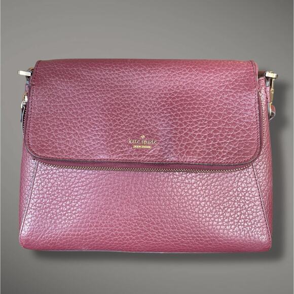 KATE SPACE NEW YORK Deep Burgundy Pebble Leather Shoulder Bag Great Condition - Picture 1 of 15